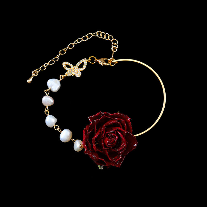 Vintage Niche Rose Flower Real Flower Jewelry Pearl Butterfly 925 Silver Bracelet for Women