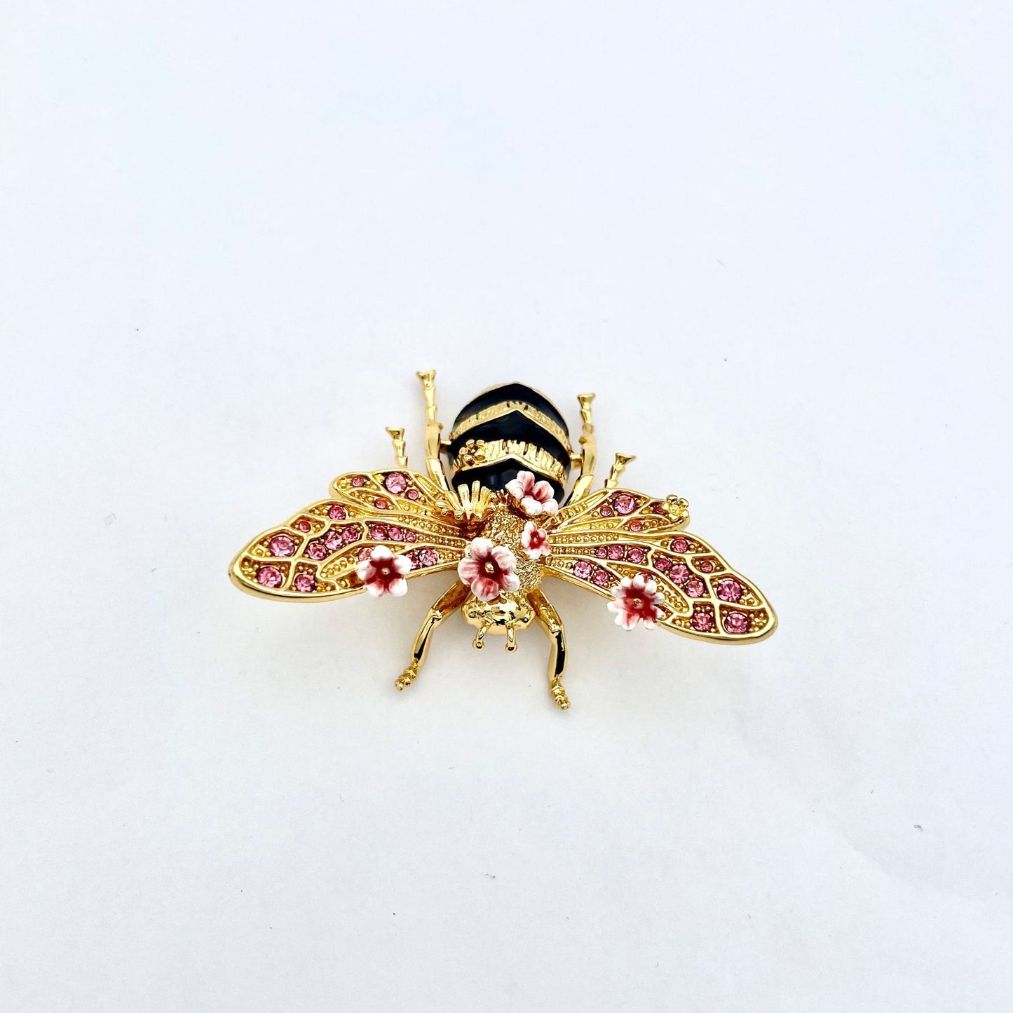 Broche creativo de flor rosa de abeja de diamante brillante pintado a mano chapado en oro