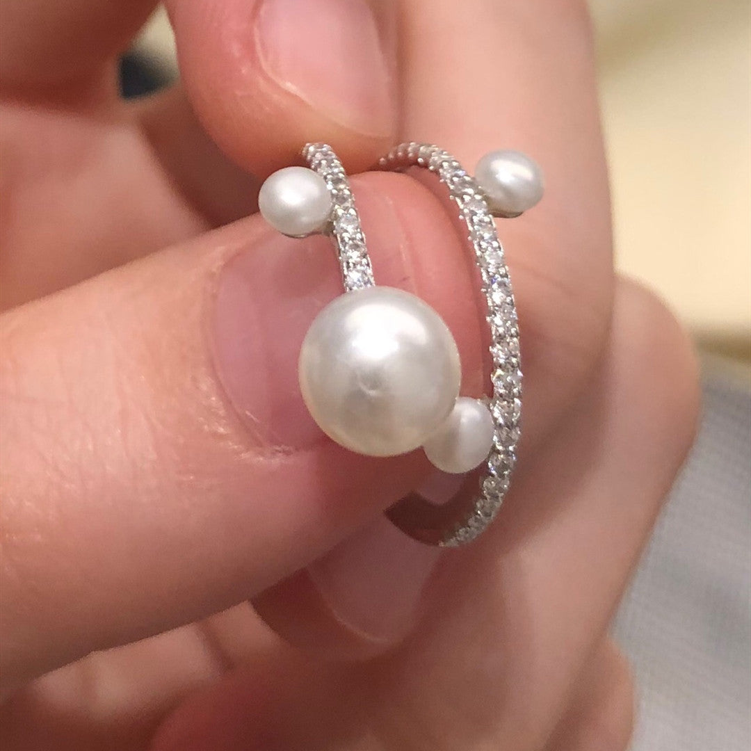 925 Sterling Silver Freshwater Pearl Ring with Diamonds