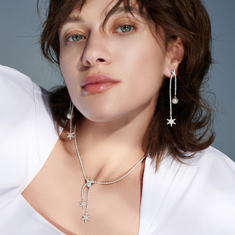 Women's Asymmetric Design Wishing Snowflake Earrings in 925 Sterling Silver