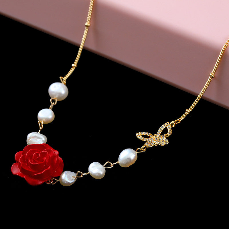 Vintage Natural Pearl Clavicle Plated 14K Gold Pearl Adjustable Butterfly Necklace for Women