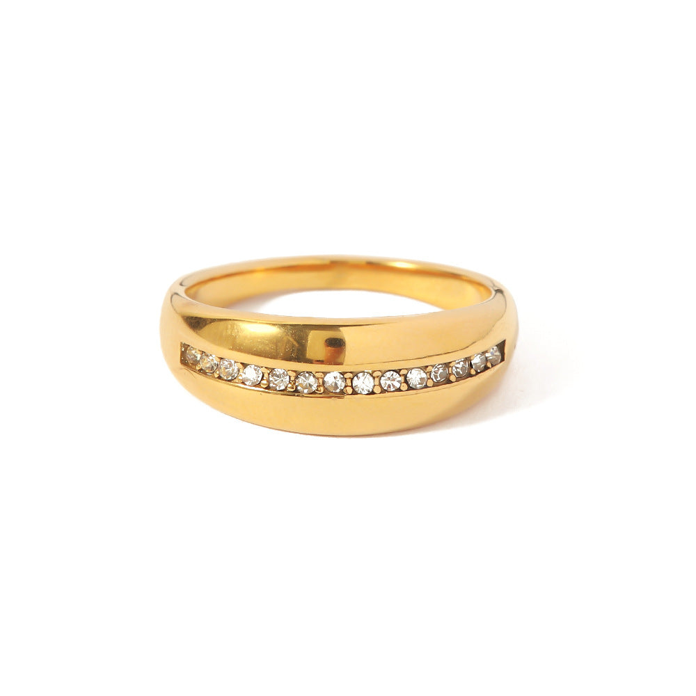 INS Thick Titanium Steel 18K Gold  Inlaid White Diamond Ring for Women