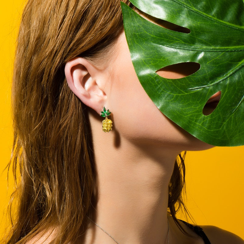 Gold Yellow Inlaid Zircon Pineapple Earrings in 925 Sterling Silver