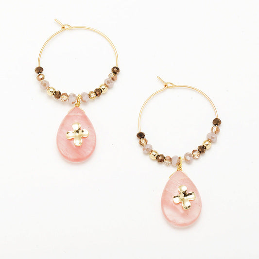 Girly Pink Four Leaf Clover Hand bead Hoop Earrings