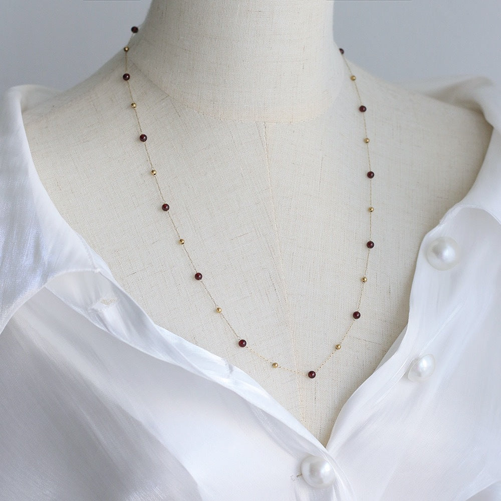 Sweater chain Handmade Gold Bead Chain natural garnet wine red short necklace titanium steel gold plated