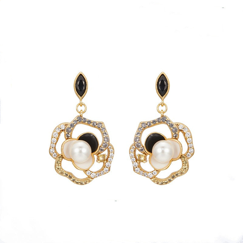 Camellia Luxury Elegant Retro Pearl Dangling Earrings