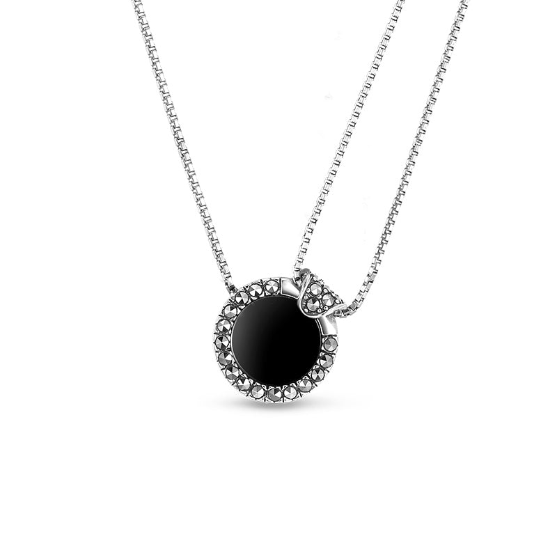 Exquisite Black Agate Earrings and Necklace in 925 Sterling Silver