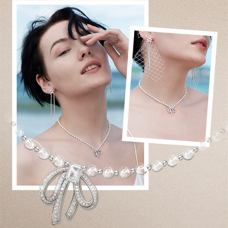 Natural Pearl Bow-knot Pendant Women's Light Luxury Collarbone Chain