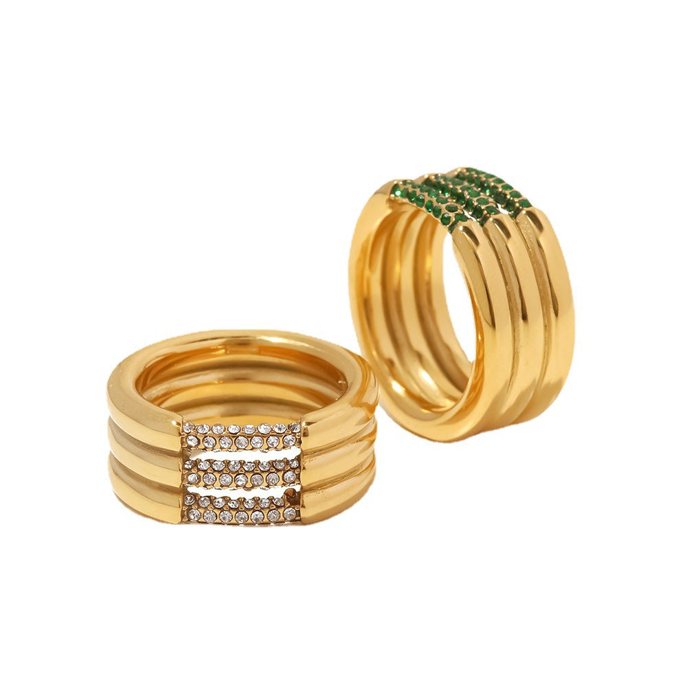 Fashion Women Versatile Three Layers Titanium Steel Inlaid White Green Diamond Ring
