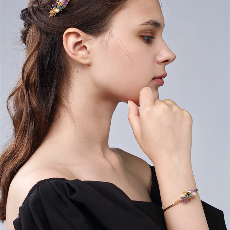 Elegant Niche 18K Gold Plated Crystal Stone Freshwater Pearl Adjustable Bracelet for Women