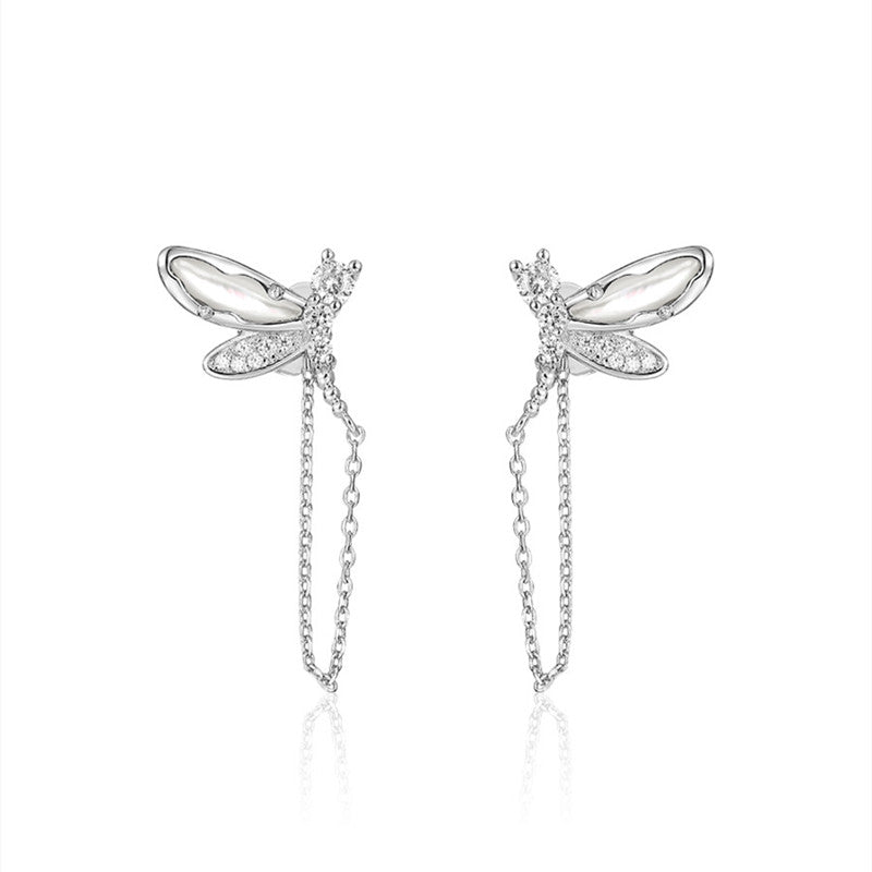 Shell Dragonfly Earrings Long Chain 925 Silver Jewelry
