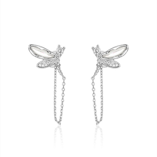 Shell Dragonfly Earrings Long Chain 925 Silver Jewelry