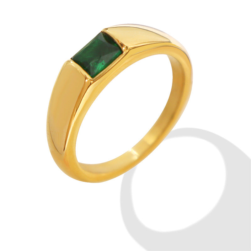 French Style Inlaid Emerald Titanium Steel Gold Plated Ring