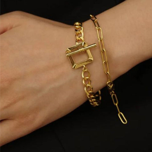 Real Gold Plated Square OT Buckle Cuban Chain Stainless Steel Bracelet