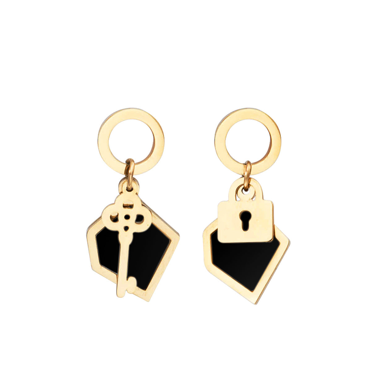 14K Gold Plated Black and White Key lock Titanium Steel Earrings
