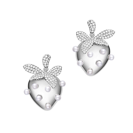 Natural Pearl Sparkling Strawberry Stud Earrings in 925 Sterling Silver