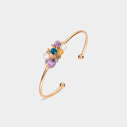Elegant Niche 18K Gold Plated Crystal Stone Freshwater Pearl Adjustable Bracelet for Women