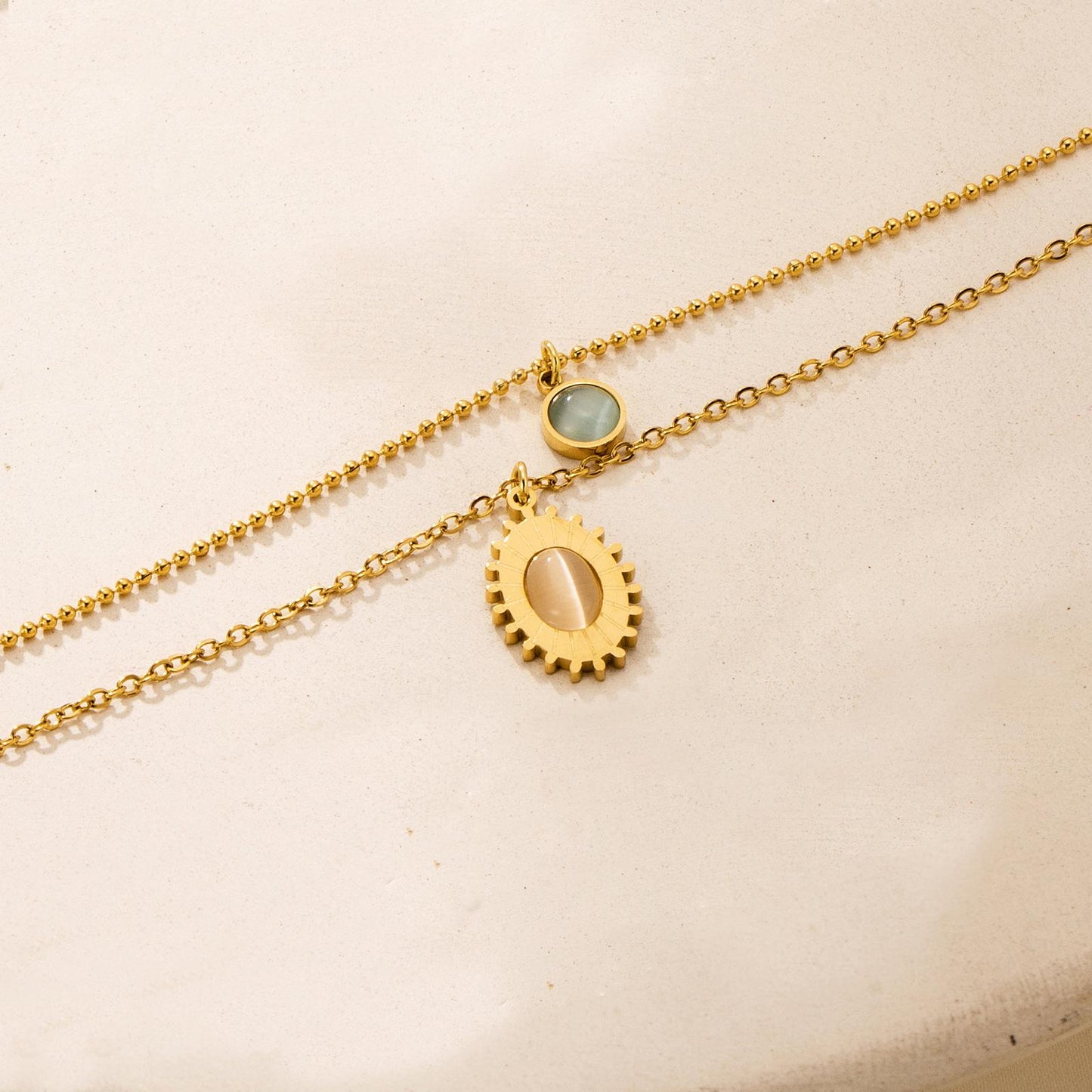 Non-fading oval pendant double layer necklace