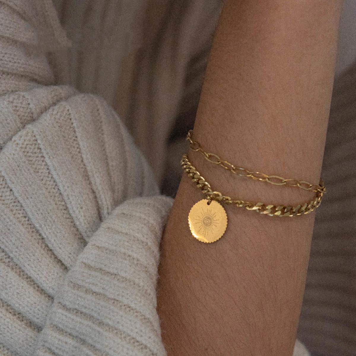 14K Gold Plated Radiant Sun Disc Double Layered Stainless Steel Bracelet