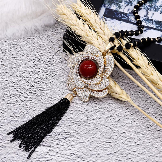 Ruby Sparkling Zirconia Flower Tassel Necklace