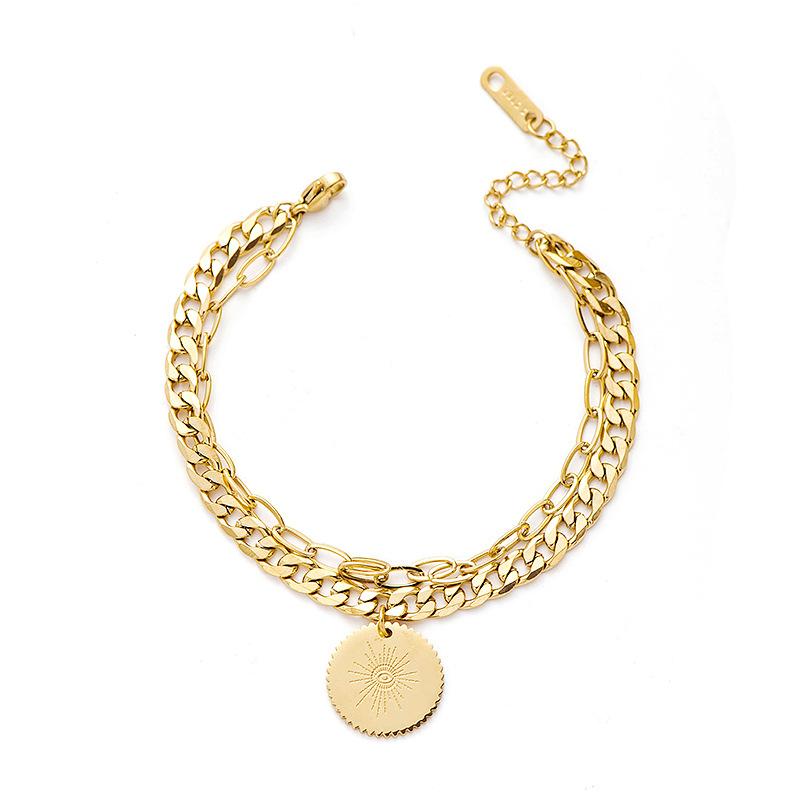 14K Gold Plated Radiant Sun Disc Double Layered Stainless Steel Bracelet