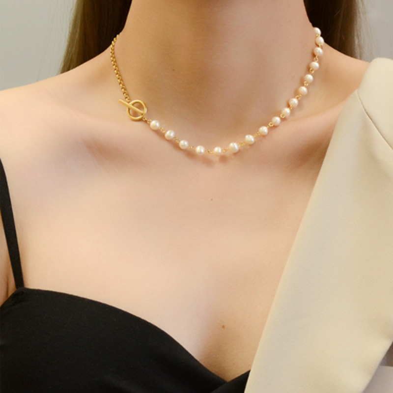 French Style OT Buckle Pearl Bracelet and Necklace Set
